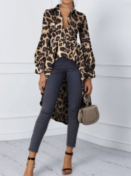 Leopard Skjorte Krage Langermet Uregelmessig Bluse