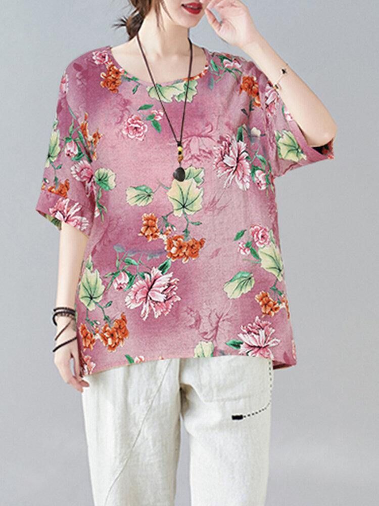 Loose Fit Flowers Printing Street Fashion Bluser