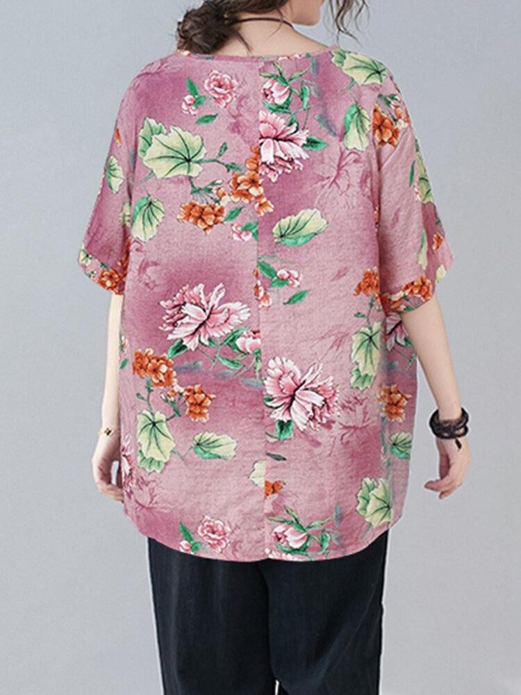 Loose Fit Flowers Printing Street Fashion Bluser