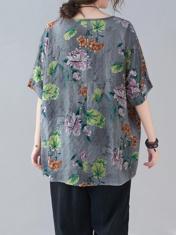 Loose Fit Flowers Printing Street Fashion Bluser