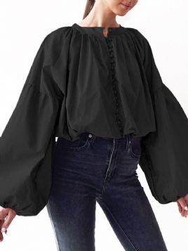Puff Sleeve Casual Ensfarge Button Up O-Hals Plissert Stilig Bluse For Kvinner