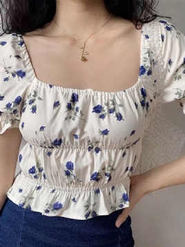Puff Sleeve Casual Floral Sommerbluse For Kvinner