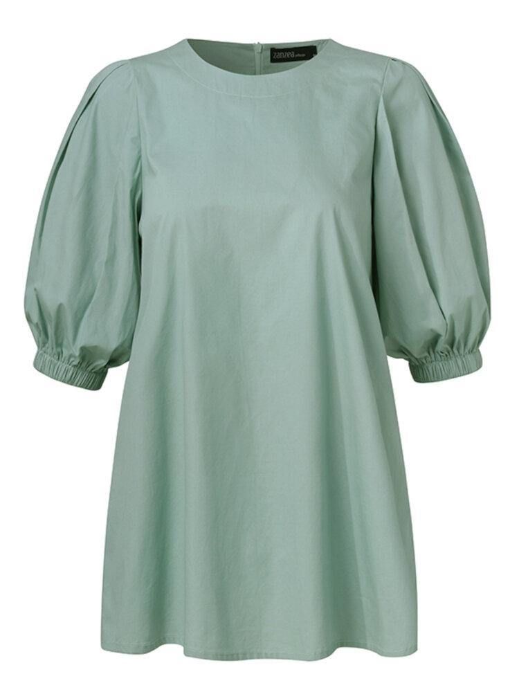 Puff Sleeve O-Hals Rygg Glidelås Bomull Casual Bluse For Kvinner