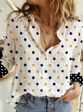 Vintage Skjorte Krage Bomull Polka Dots Bluse