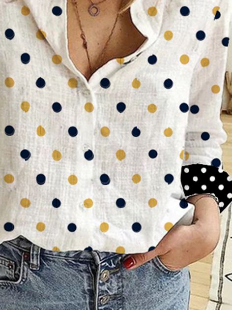 Vintage Skjorte Krage Bomull Polka Dots Bluse