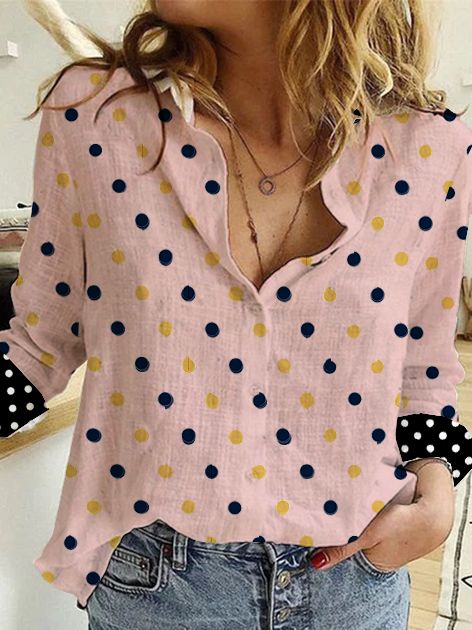 Vintage Skjorte Krage Bomull Polka Dots Bluse