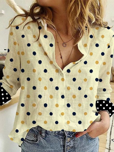 Vintage Skjorte Krage Bomull Polka Dots Bluse