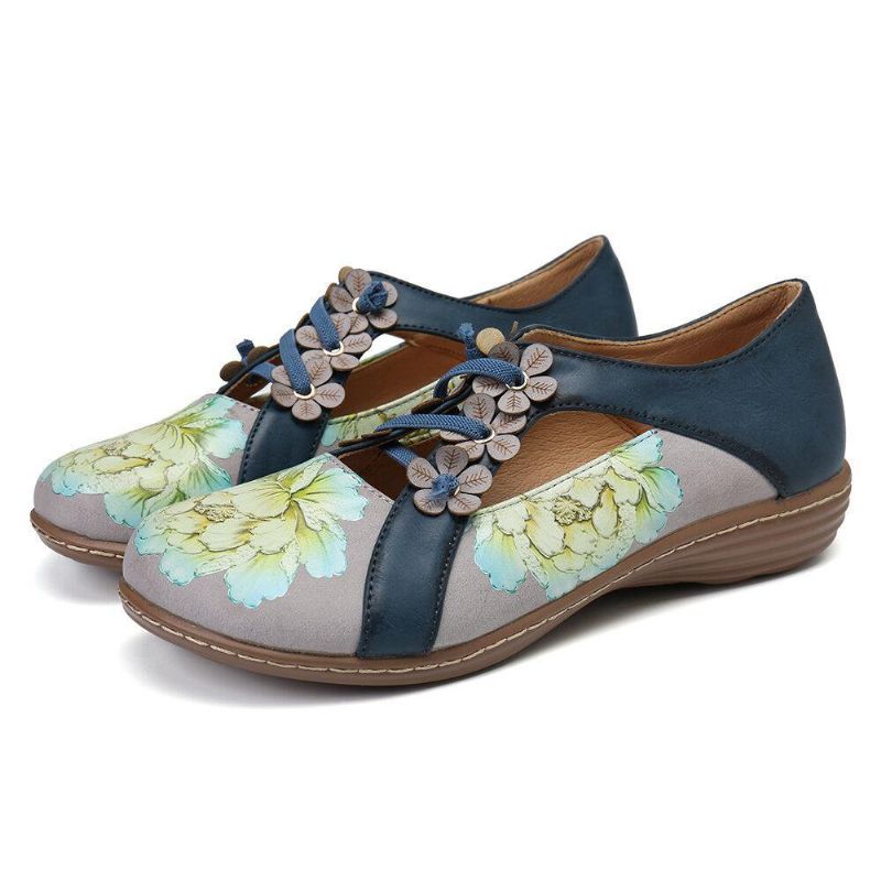 Blomstermønster Elastisk Band Rund Toe Splicing Retro Casual Flate Sko