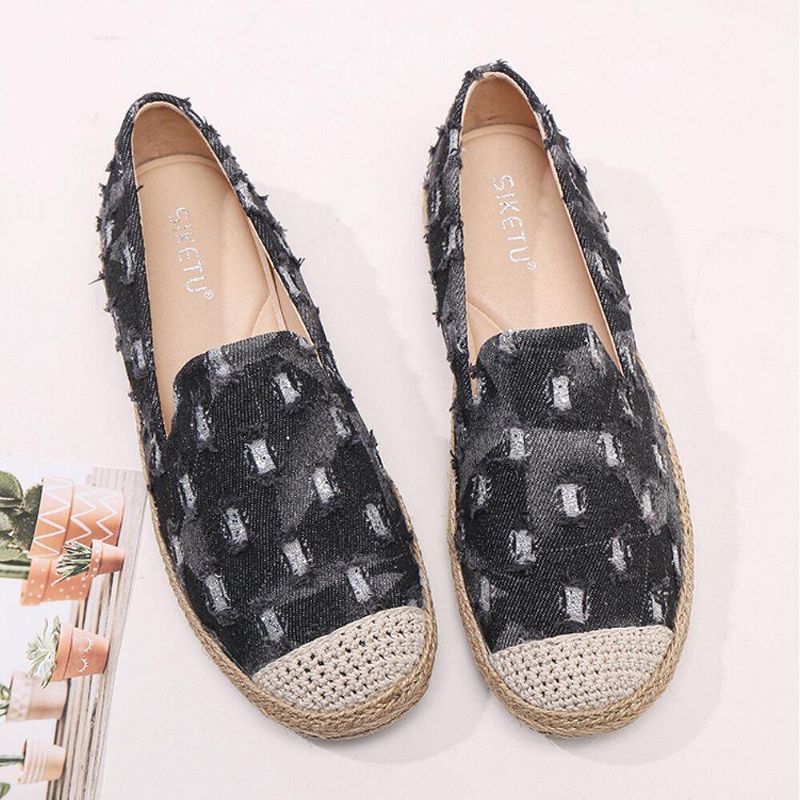 Dame Comfy Denim Ripped Design Espadrilles Flate Sko Loafers