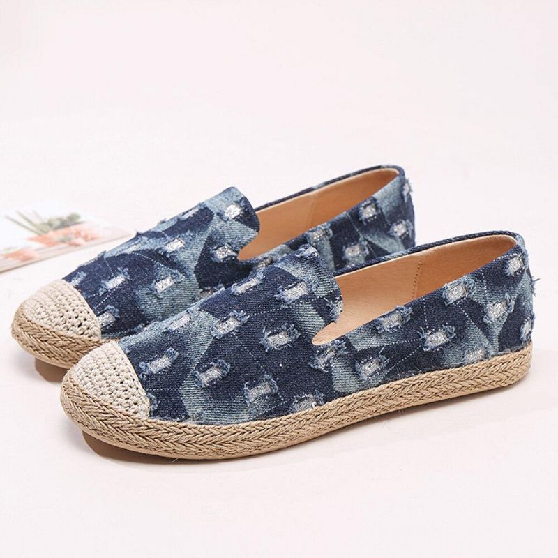 Dame Comfy Denim Ripped Design Espadrilles Flate Sko Loafers