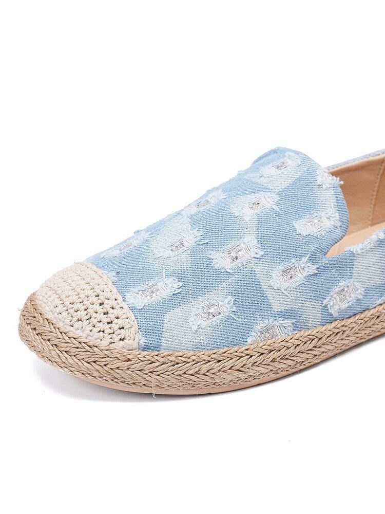 Dame Comfy Denim Ripped Design Espadrilles Flate Sko Loafers