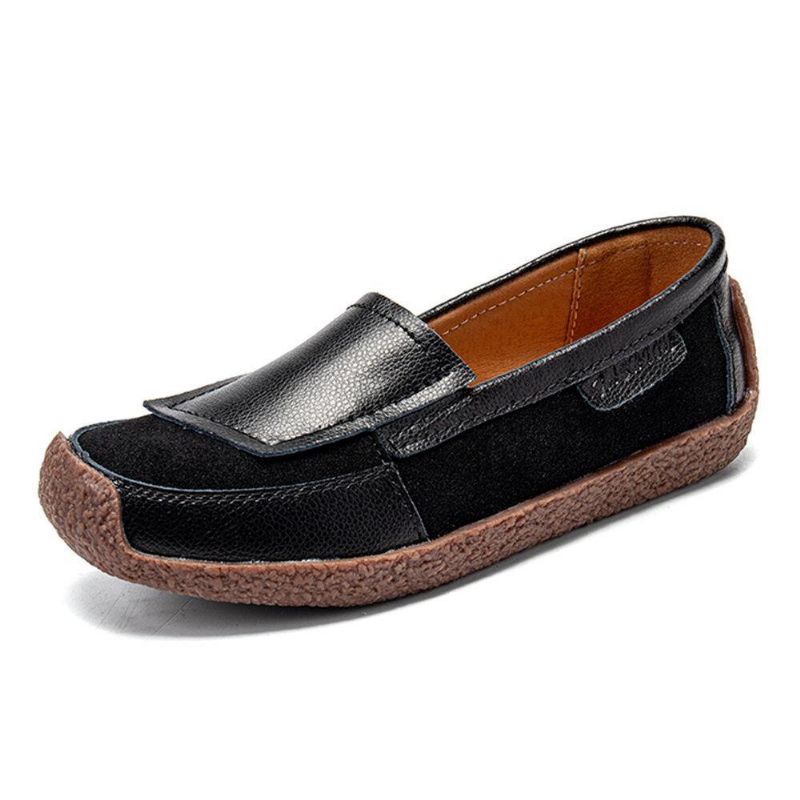 Kvinner Comfy Leather Splicing Myk Slip On Flat Loafers