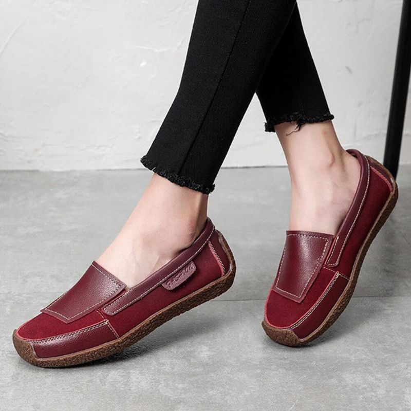 Kvinner Comfy Leather Splicing Myk Slip On Flat Loafers