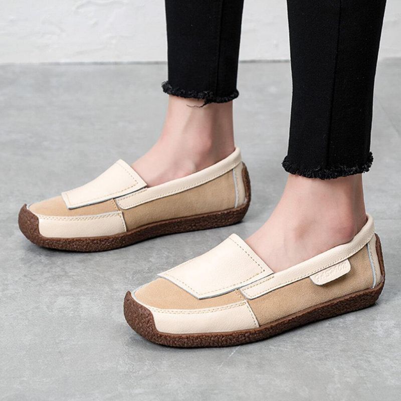 Kvinner Comfy Leather Splicing Myk Slip On Flat Loafers