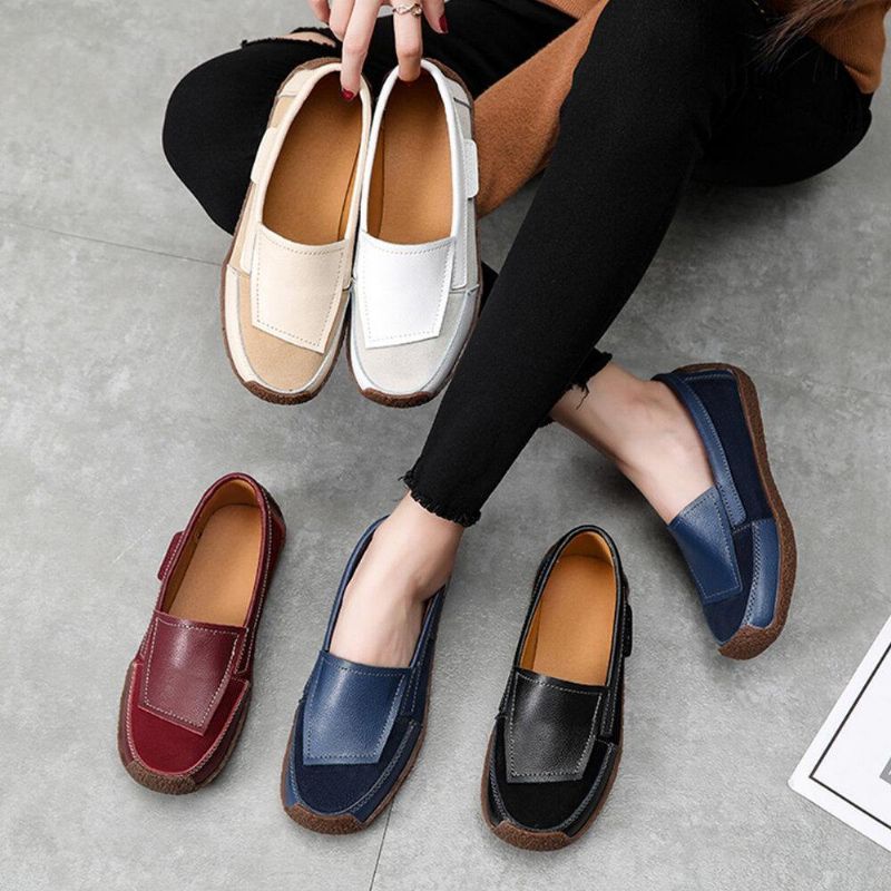 Kvinner Comfy Leather Splicing Myk Slip On Flat Loafers