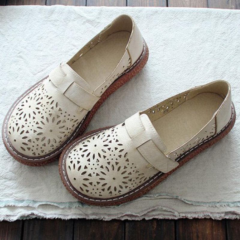 Kvinner Retro Casual Slip On Rund Toe Pustende Slitesterk Loafers Sko