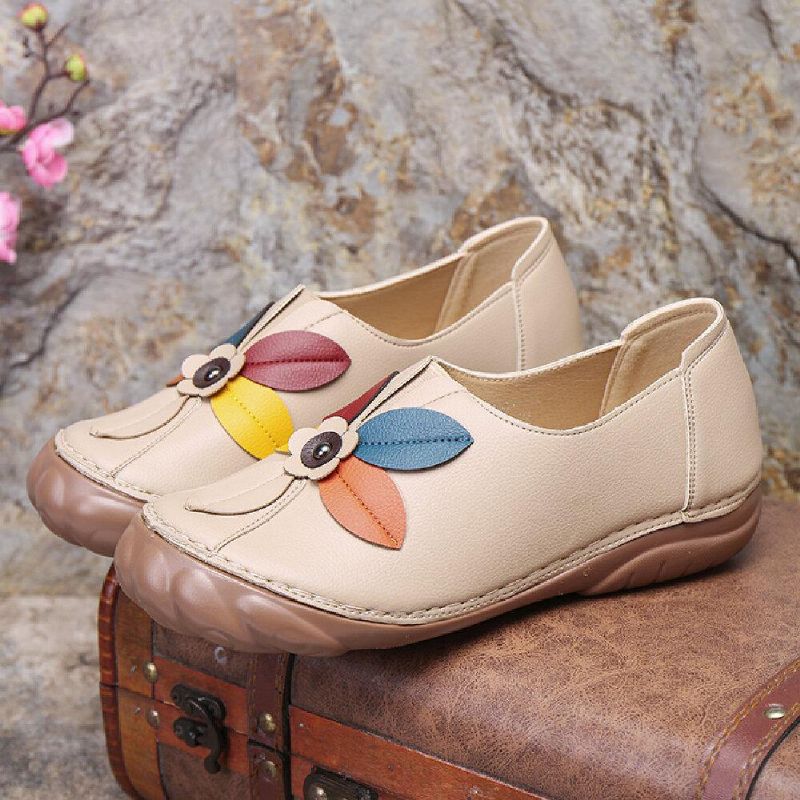 Kvinner Retro Flower Stitching Comfy Runde Toe Slip On Flat Loafers Sko