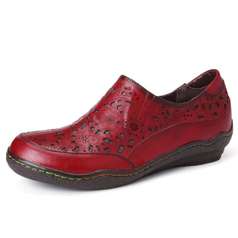 Leather Floral Cutouts Side Glidelås Slip On Loafers Sklisikker Flate Sko