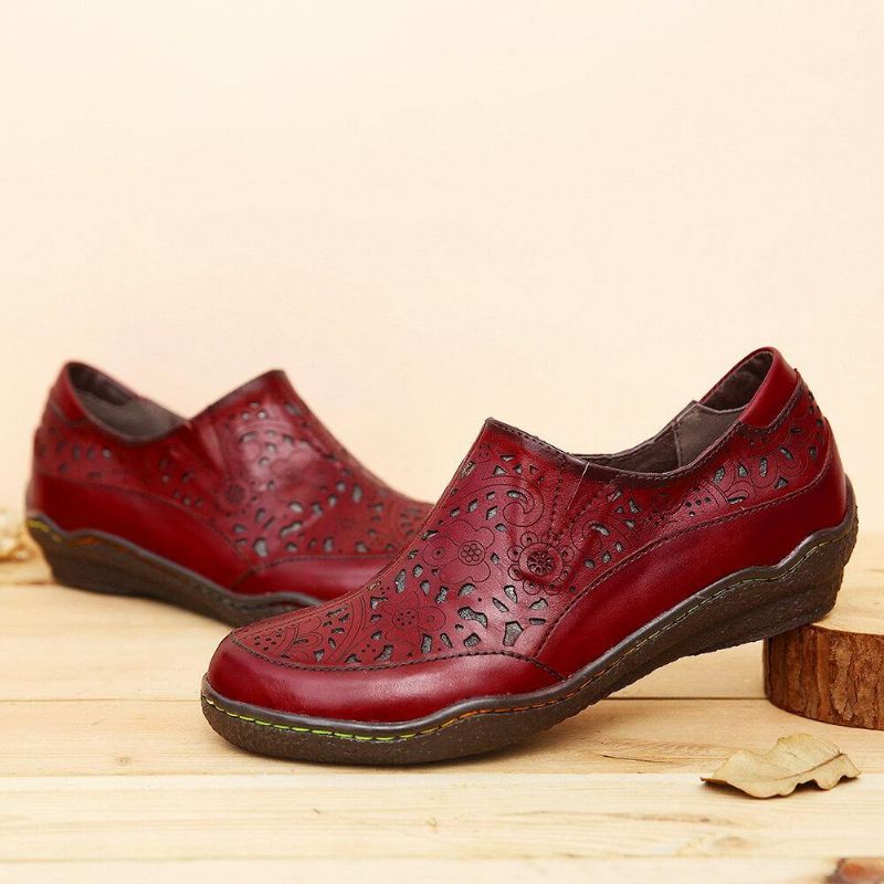 Leather Floral Cutouts Side Glidelås Slip On Loafers Sklisikker Flate Sko