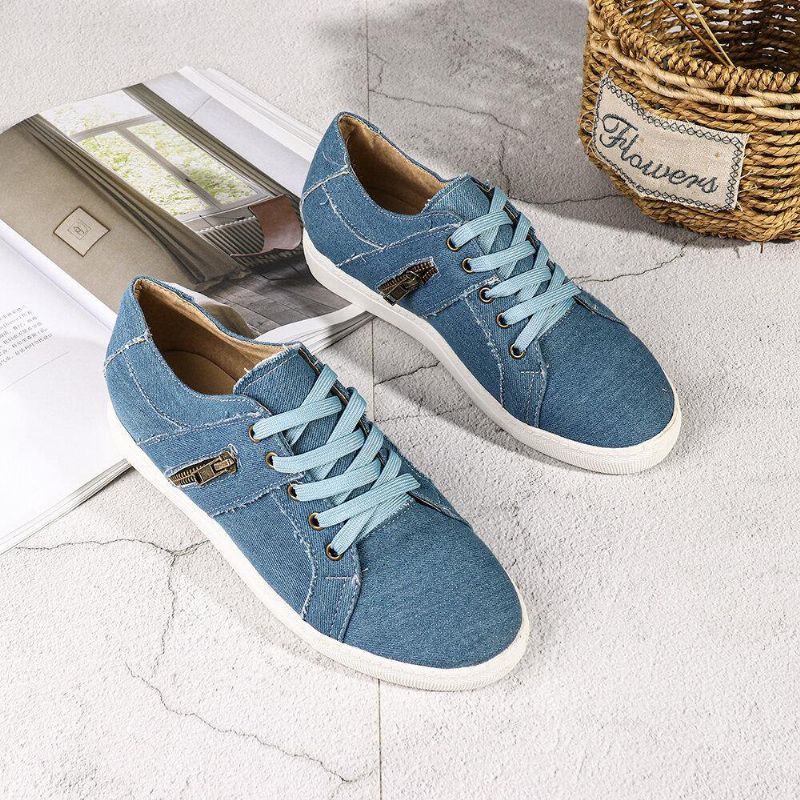 Plus Size Kvinner Retro Glidelås Dekor Canvas Lace Up Flat Casual Sko