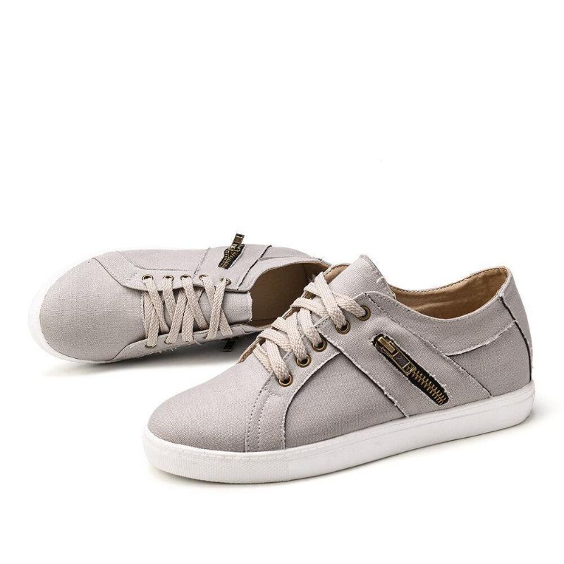 Plus Size Kvinner Retro Glidelås Dekor Canvas Lace Up Flat Casual Sko