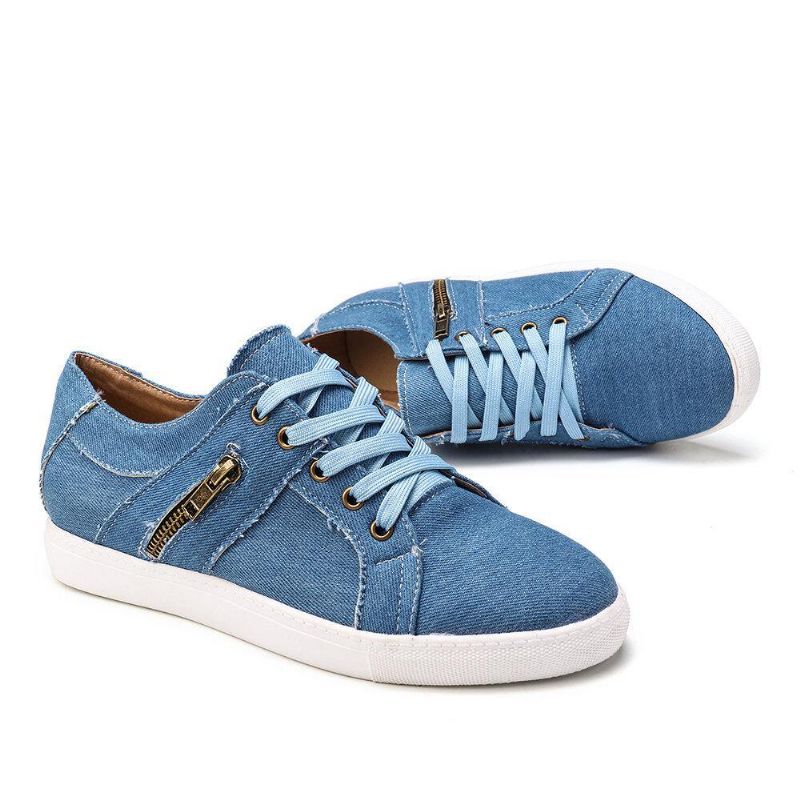 Plus Size Kvinner Retro Glidelås Dekor Canvas Lace Up Flat Casual Sko