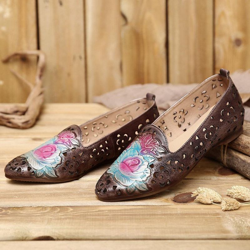 Retro Preget Delikat Peon Hule Blomstermønster I Ekte Skinn Flat Elegant Loafer