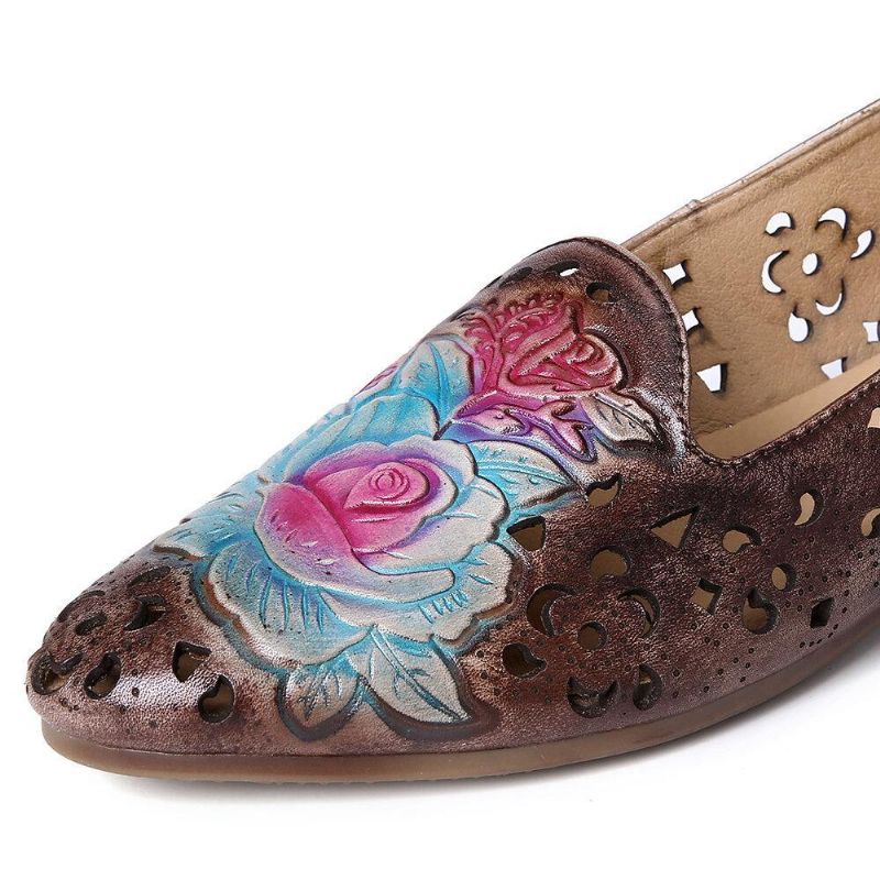 Retro Preget Delikat Peon Hule Blomstermønster I Ekte Skinn Flat Elegant Loafer