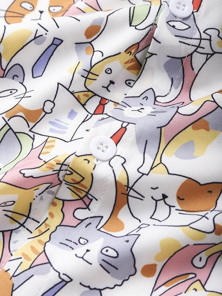 Menn All Over Cat Cartoon Animal Print Lomme Søte Skjorter