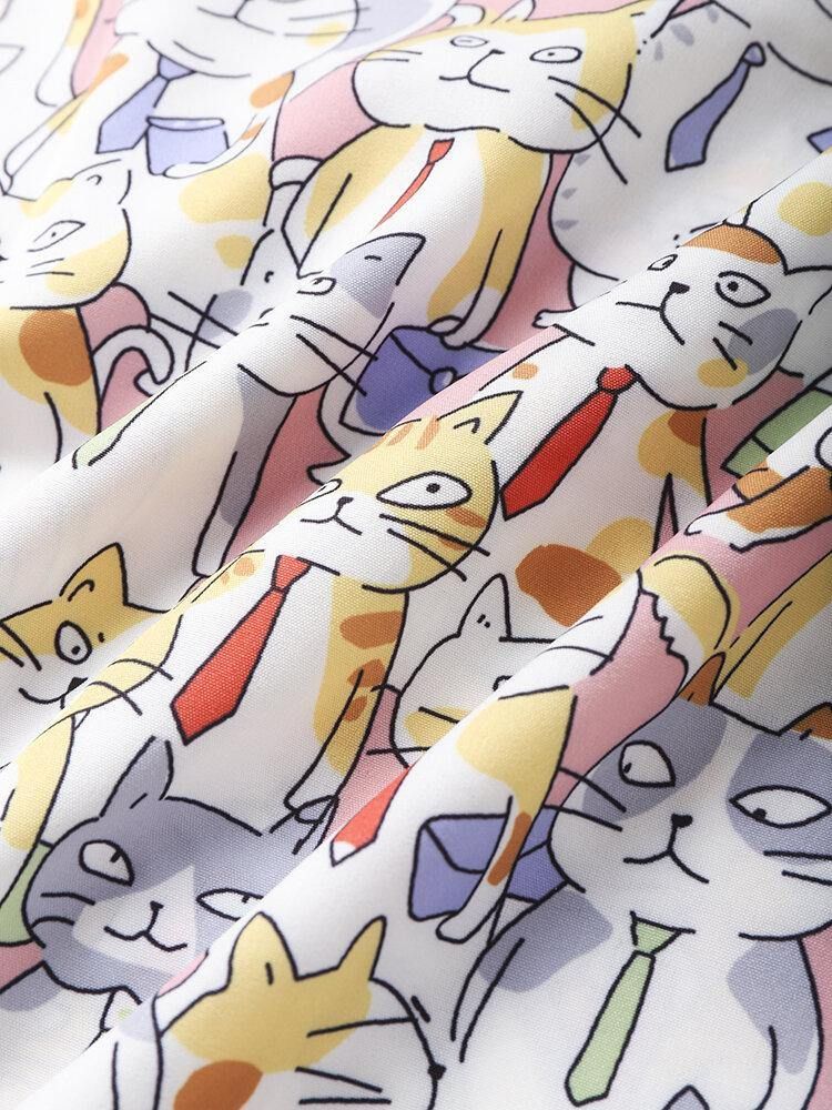 Menn All Over Cat Cartoon Animal Print Lomme Søte Skjorter