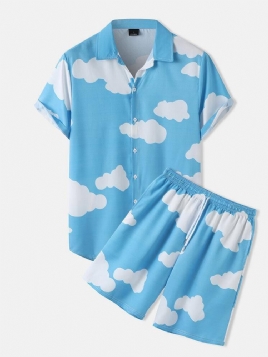 Menns Cloud Pattern Two Piece Outfits Casual Skjorter Shorts