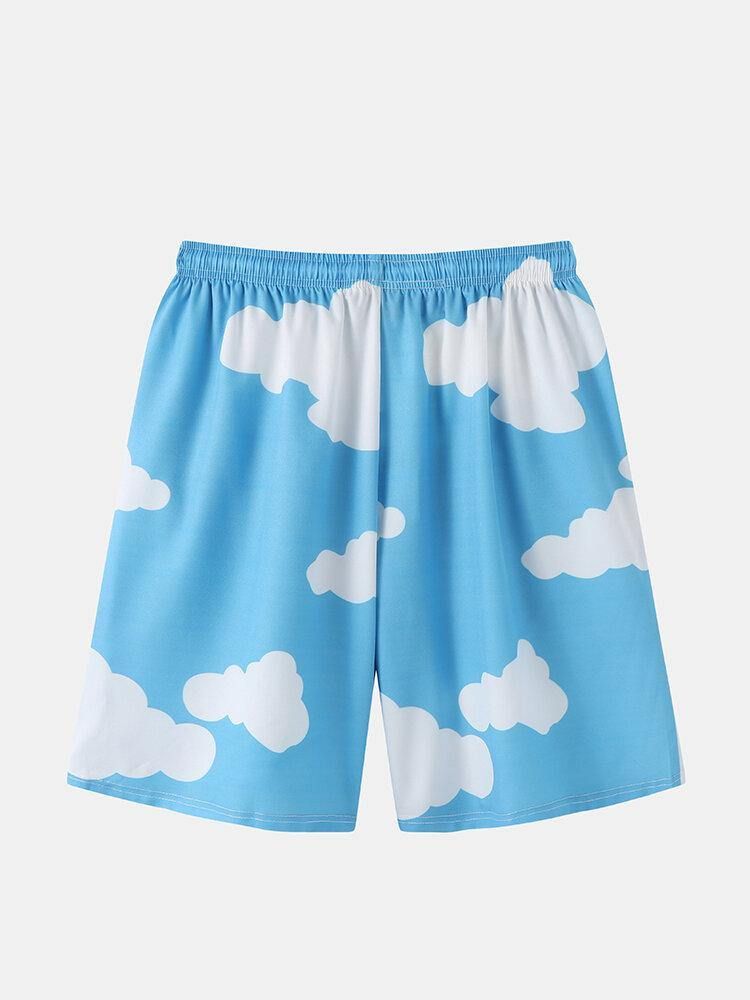 Menns Cloud Pattern Two Piece Outfits Casual Skjorter Shorts