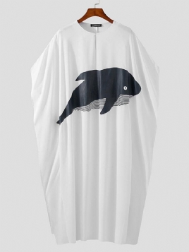 Menns Whale Print Button Neck Pullover Casual Poncho Kaftan