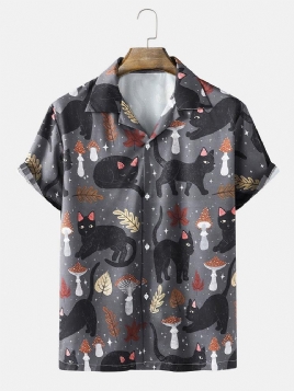 Street Cat & Mushroom Print Revere Collar skjorter for menn