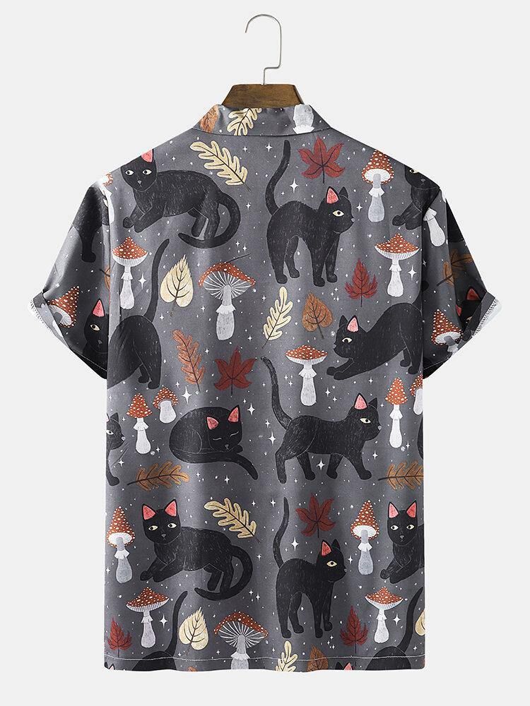 Street Cat & Mushroom Print Revere Collar skjorter for menn