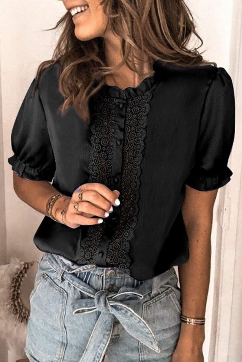 Lace Heklet Frilled Kortermet Topp