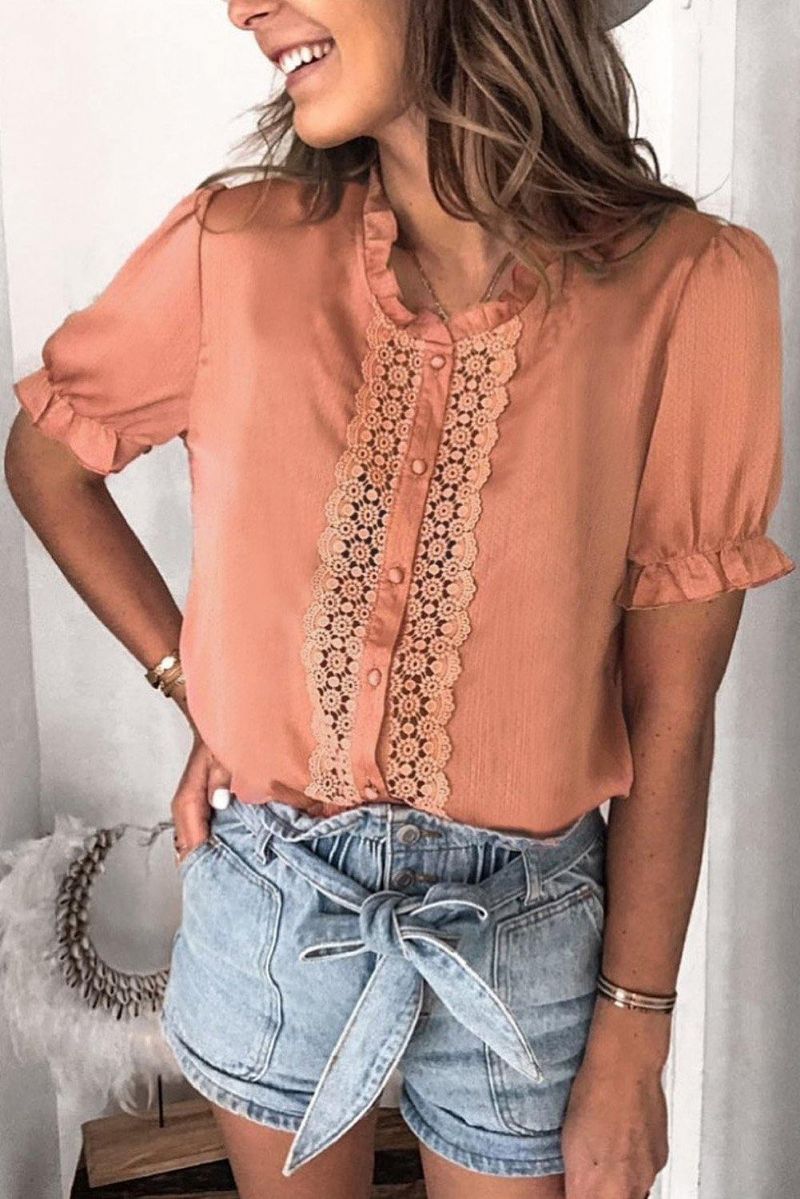 Lace Heklet Frilled Kortermet Topp