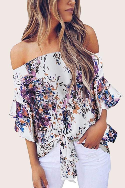 Off Shoulder Floral Tie Front Chiffon Bluse