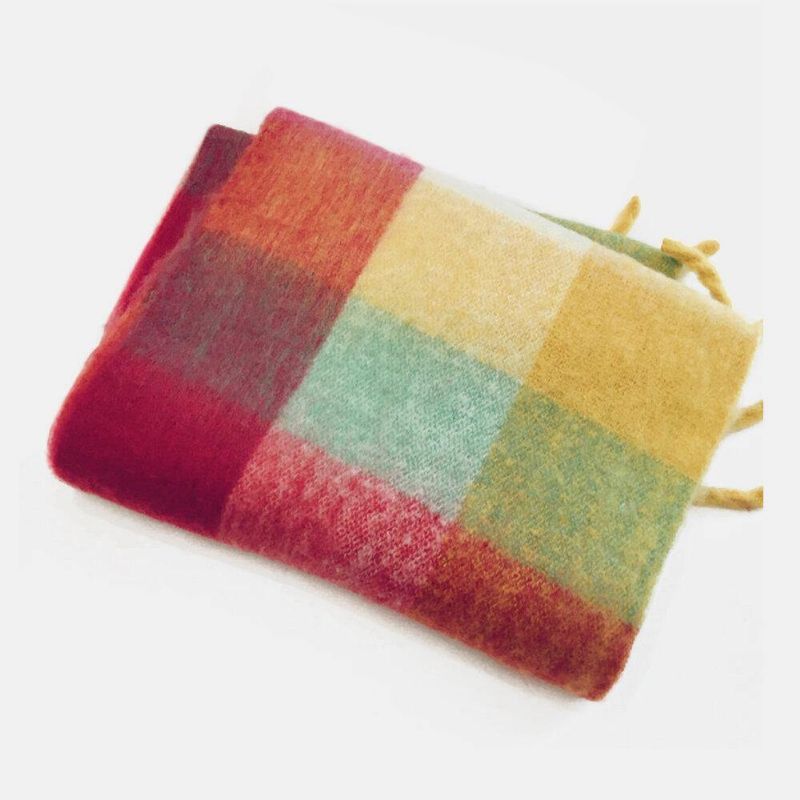 Kvinner Faux Cashmere Rainbow Patchwork Farge Tykt Varmt Rutete Mønster Dusk Sjal Skjerf