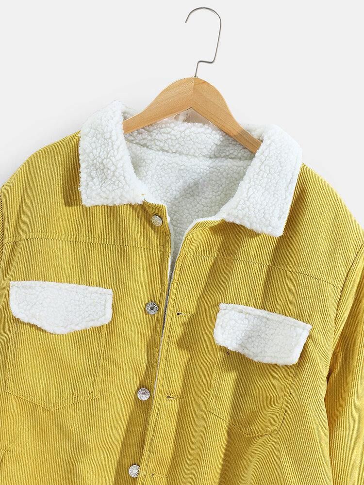 Menns Corduroy Multi Pocket Button Up Varm Shearling Lined Jakke