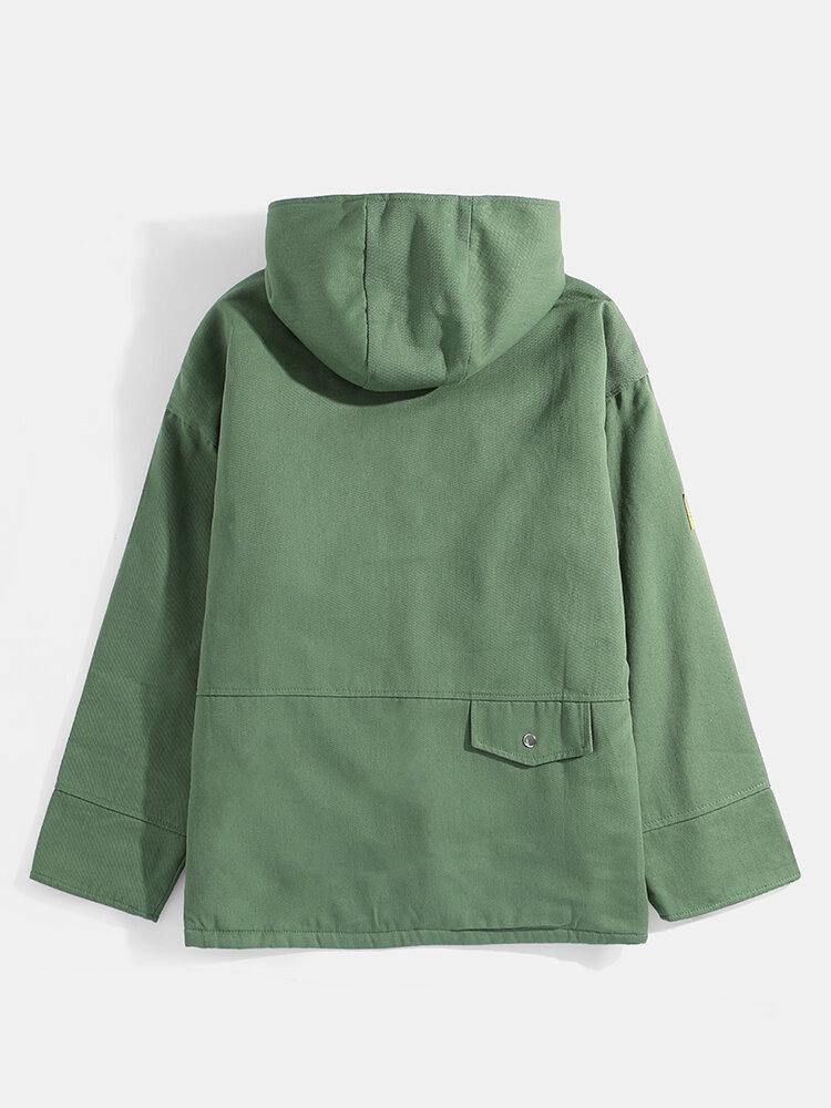 Menns Solid Color Drop Shoulder Sherpa-Fôret Casual Hettejakke Med Lomme