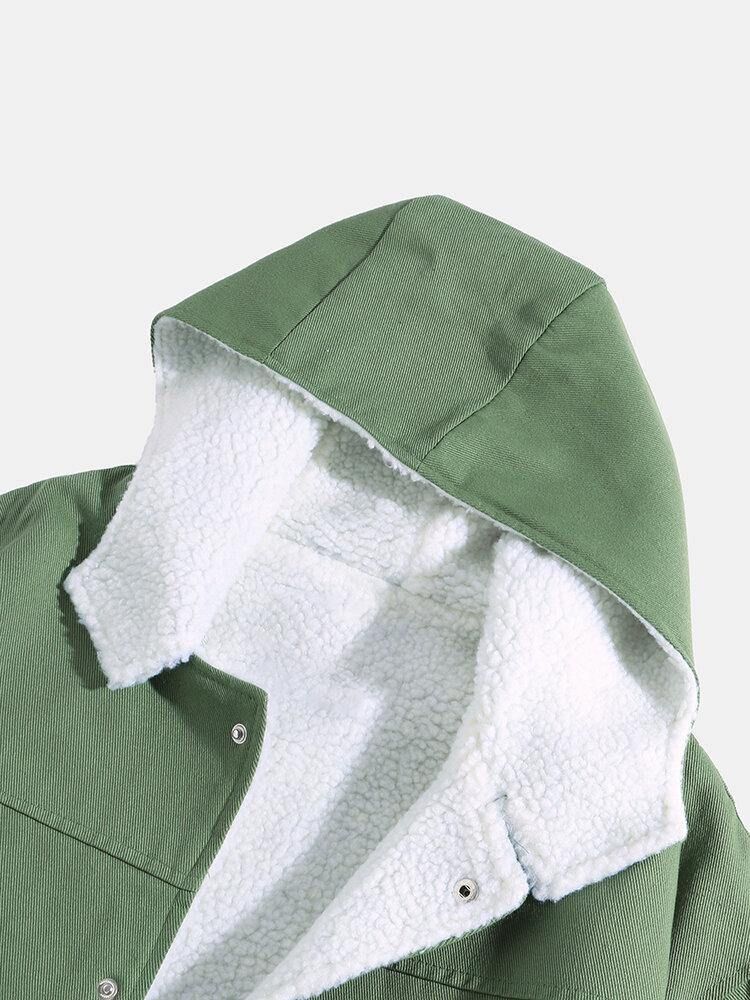 Menns Solid Color Drop Shoulder Sherpa-Fôret Casual Hettejakke Med Lomme