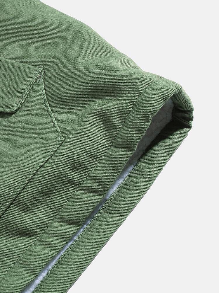 Menns Solid Color Drop Shoulder Sherpa-Fôret Casual Hettejakke Med Lomme