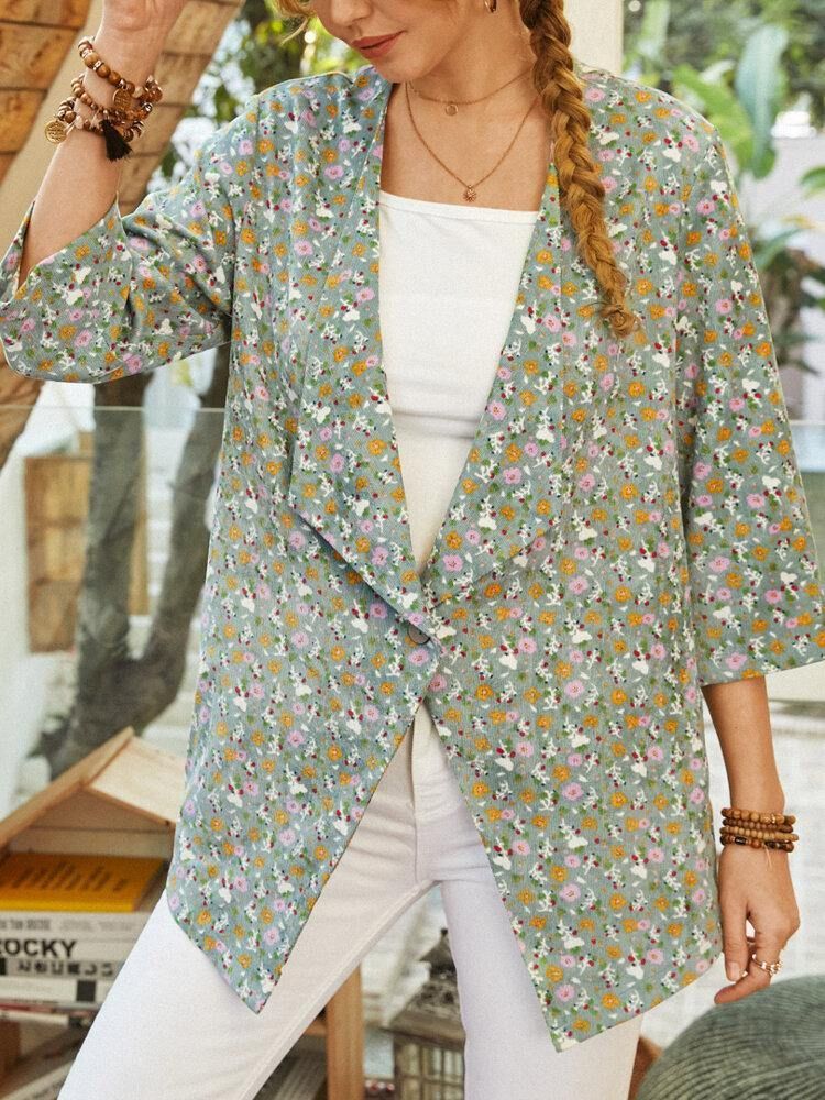 Bohemian Floral Print 3 4-Lengde Ermer Casual Jakke For Kvinner