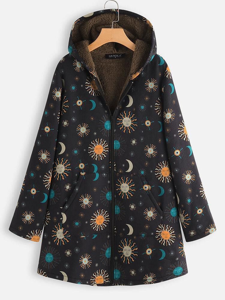 Casual Solor System Print Lommer Langermet Plus Fleece Coats