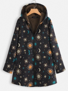 Casual Solor System Print Lommer Langermet Plus Fleece Coats