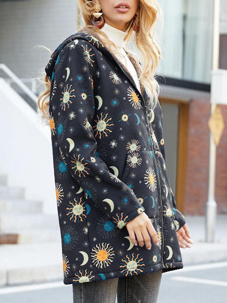 Casual Solor System Print Lommer Langermet Plus Fleece Coats