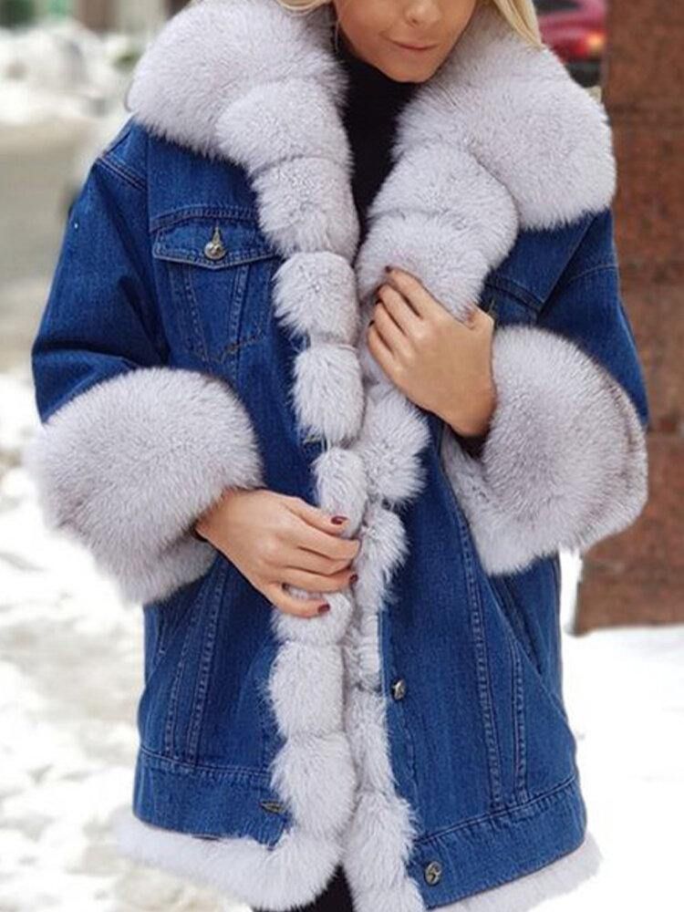 Kvinner Distressed Denim Patchwork Varm Casual Faux Fur Coats