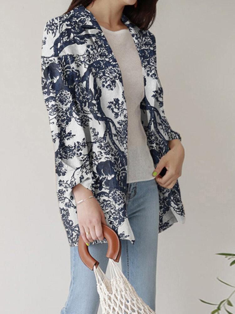 Kvinner Løs Lapel Full Sleeve Floral Casual Sidelommer Coat