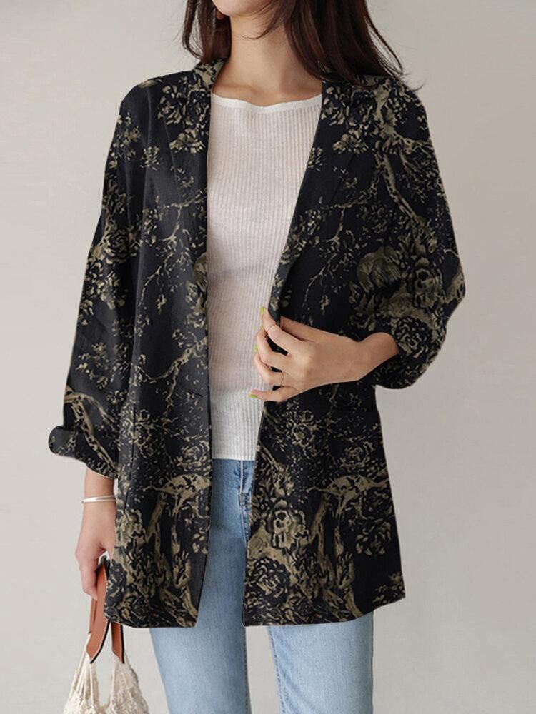 Kvinner Løs Lapel Full Sleeve Floral Casual Sidelommer Coat